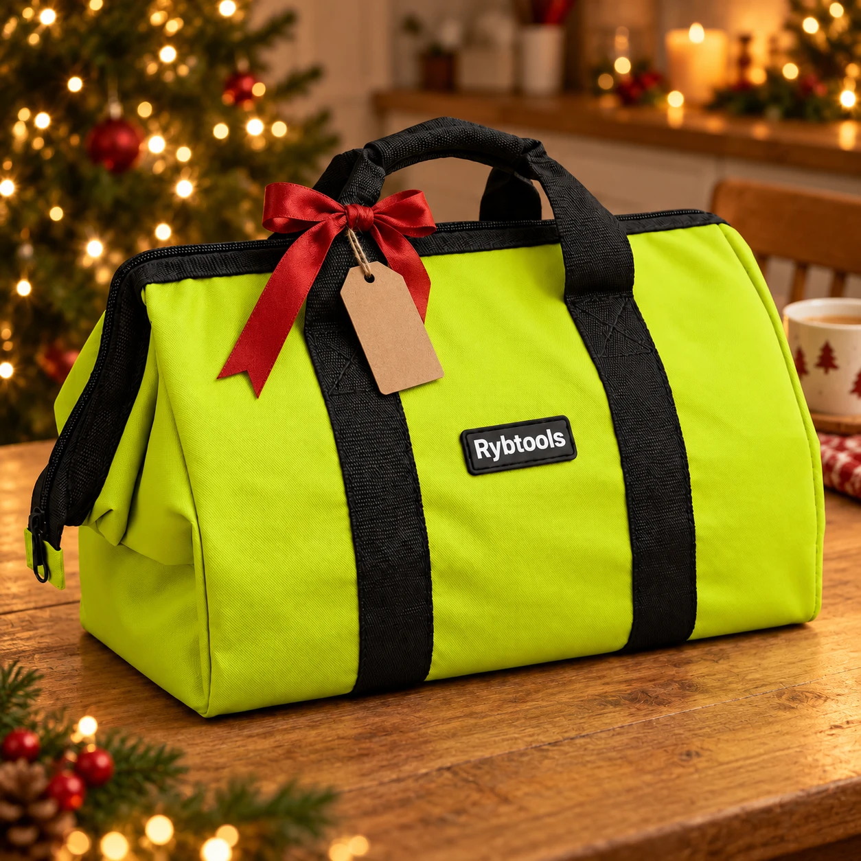 The bag with a red ribbon and a gift tag on a kitchen table at Christmas