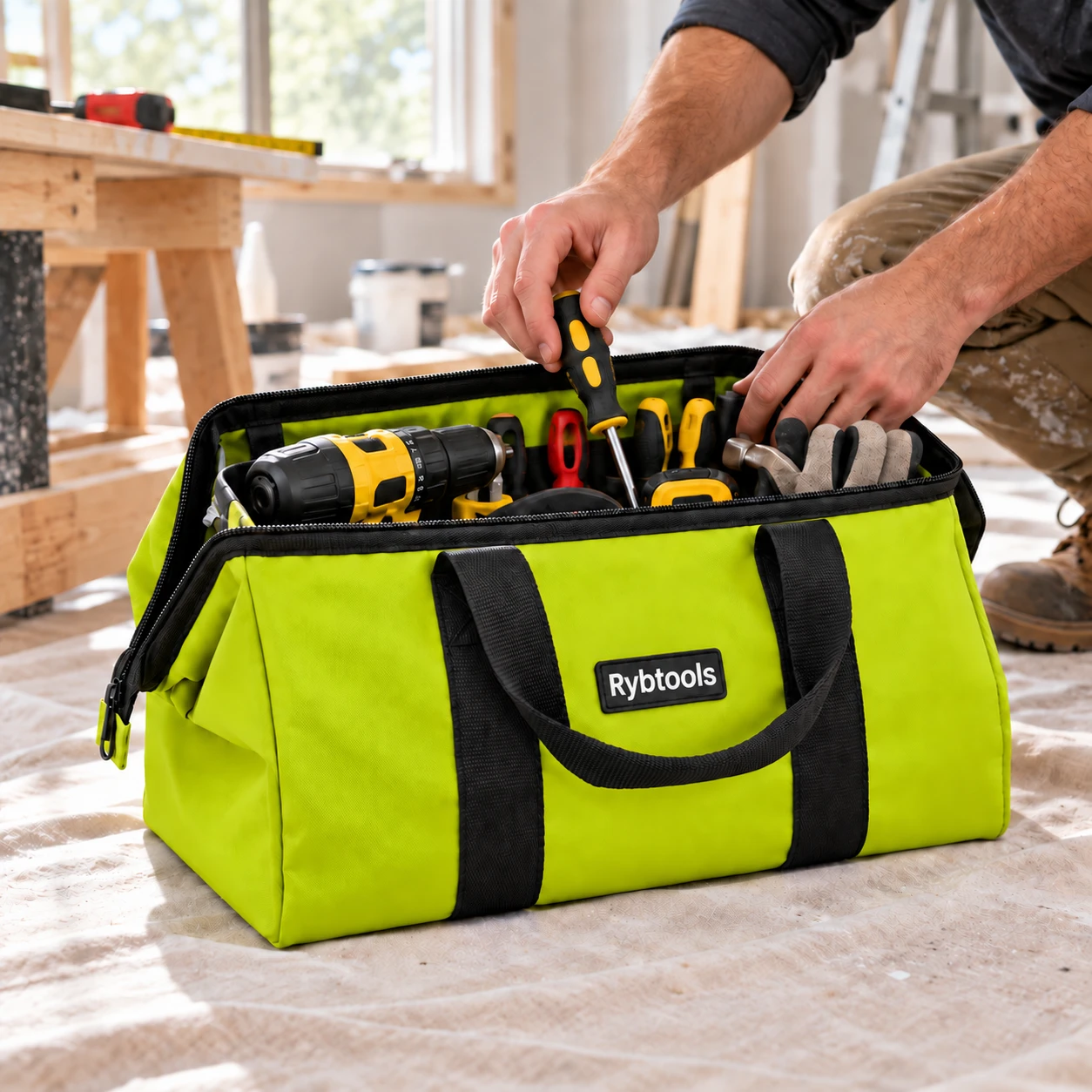 A tradesperson taking a screwdriver from the open bag