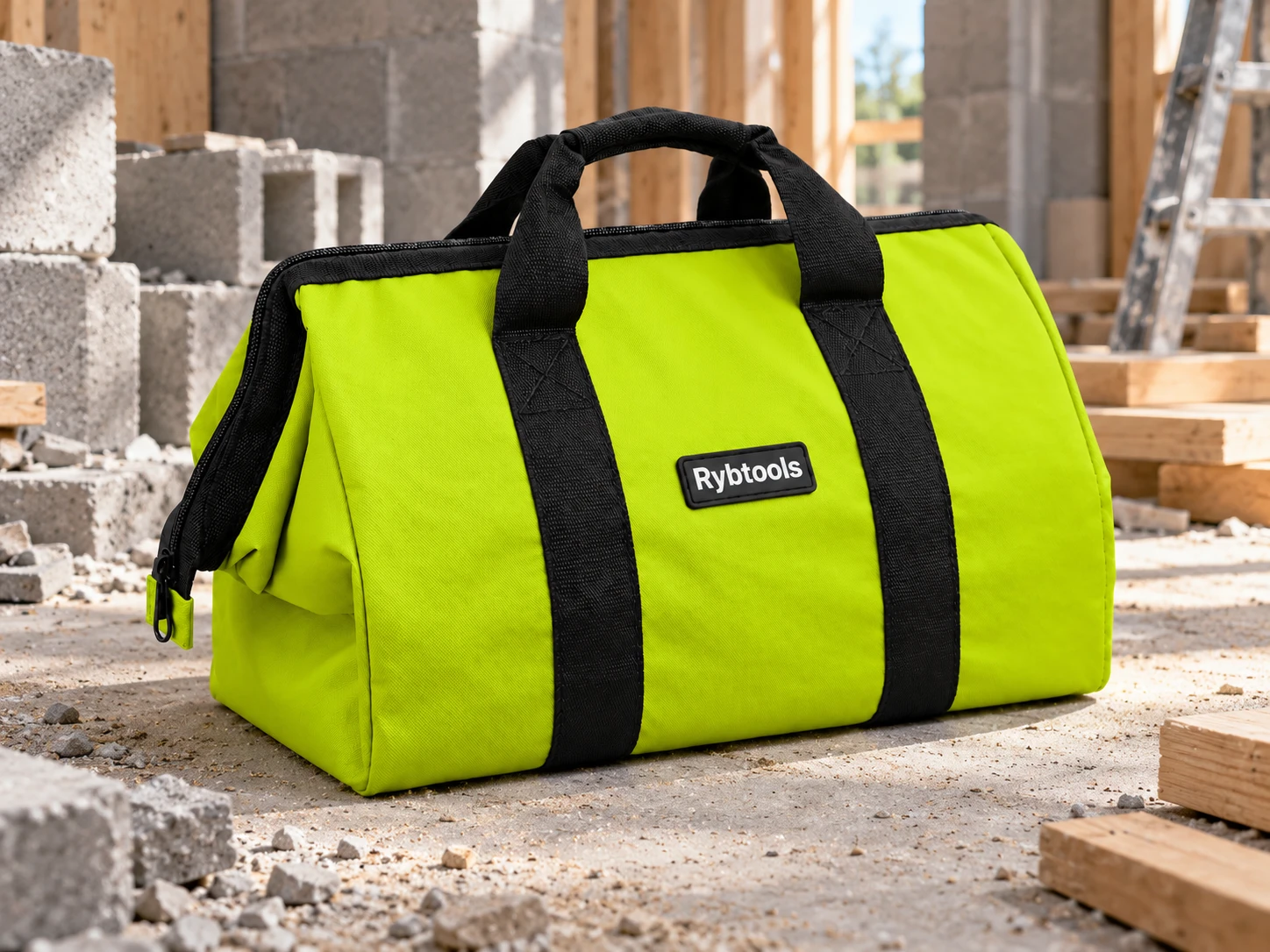 The lime-green bag on a grey building site floor